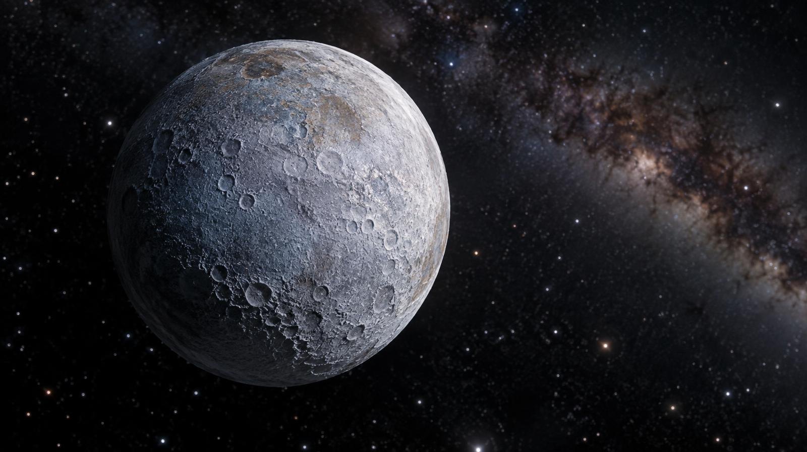 A small cratered icy sphere floats against a dark star-filled sky.