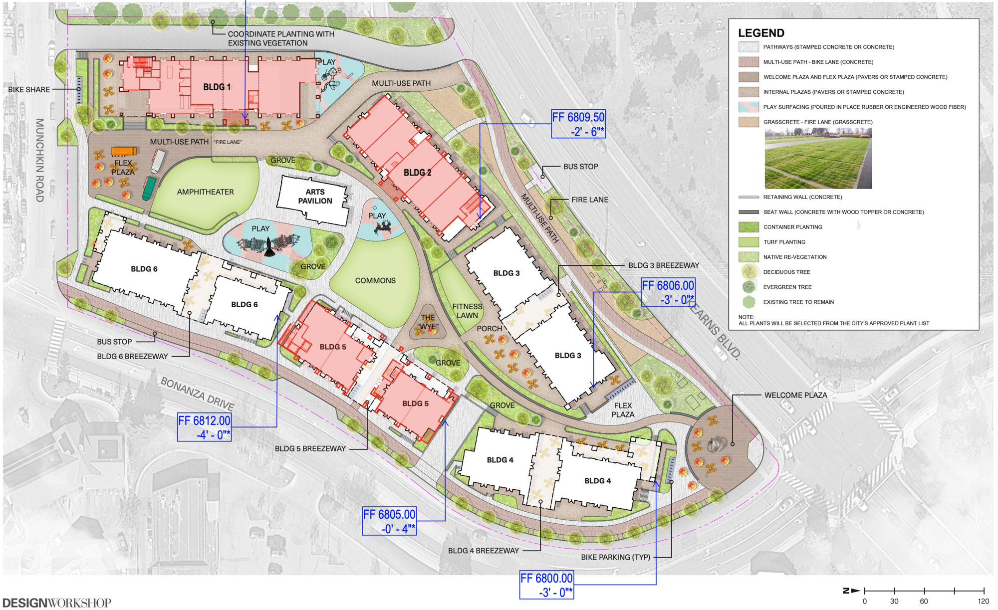 Color-coded site plan map showing building footprints, pathways, and open space for a mixed-use development.