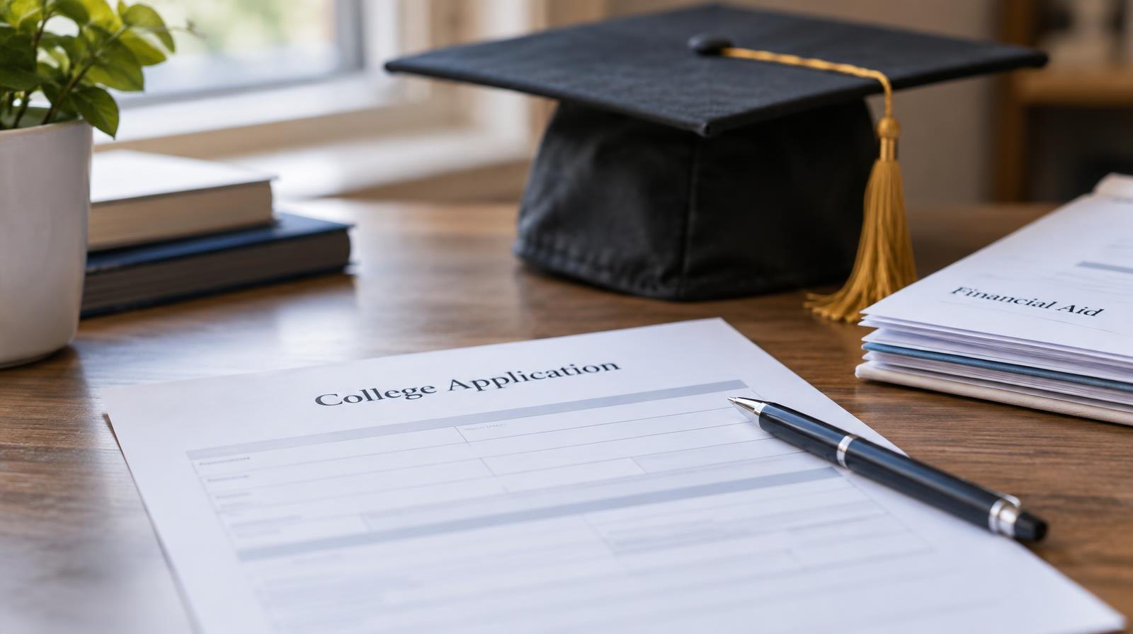 A graduation cap, pen, and financial aid documents arranged on a desk.