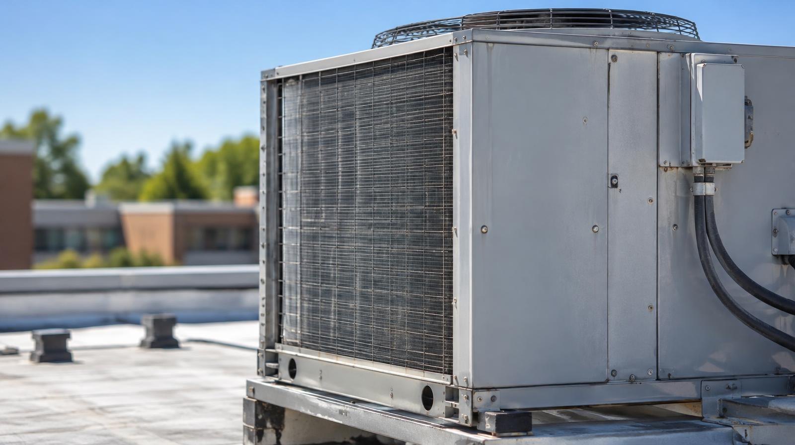 Rooftop HVAC air conditioning unit on a flat building roof under blue sky.