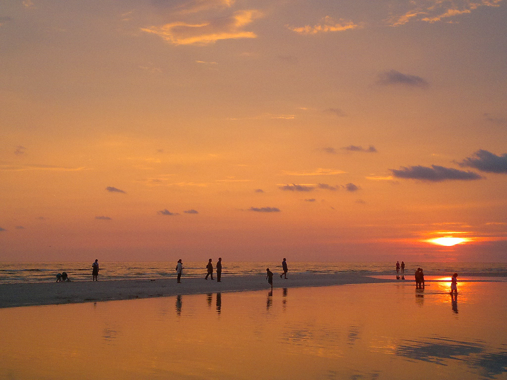 Silhouetted people and a dog walking on a wet beach at sunset.