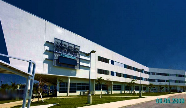 Exterior of Miami Beach Senior High School, a large white and blue multi-story building.