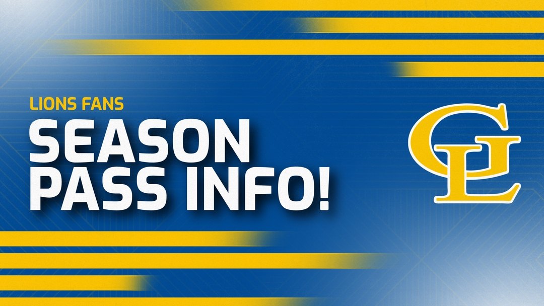 Blue and gold promotional graphic reading 'Lions Fans Season Pass Info!' with the GL interlocking logo.