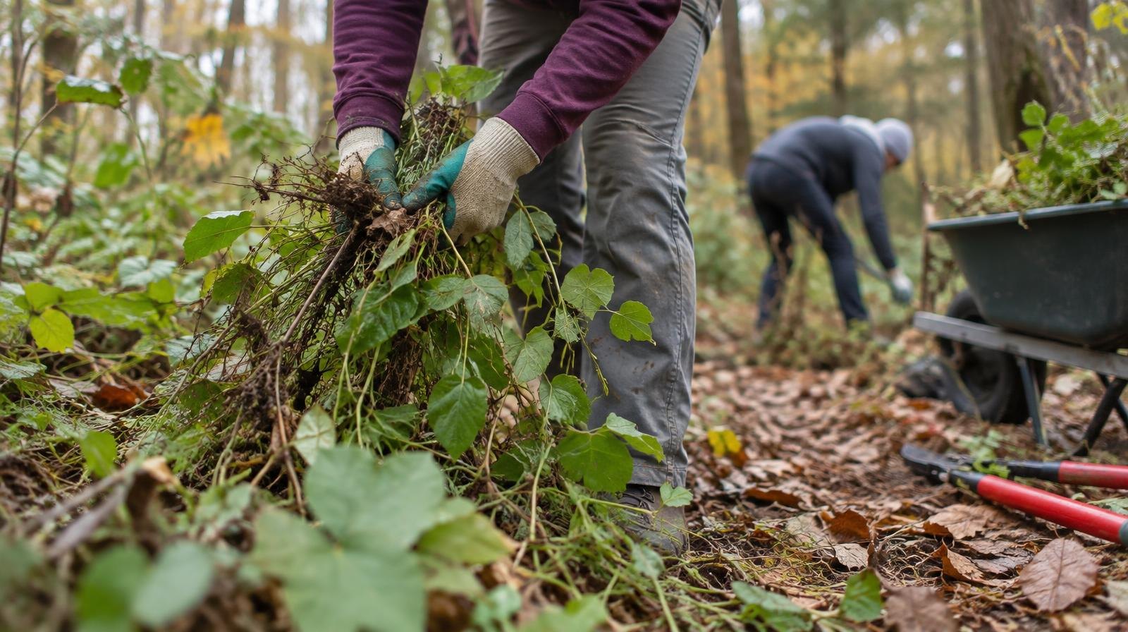 Gloved hands pulling weeds along a forest trail with a wheelbarrow nearby.