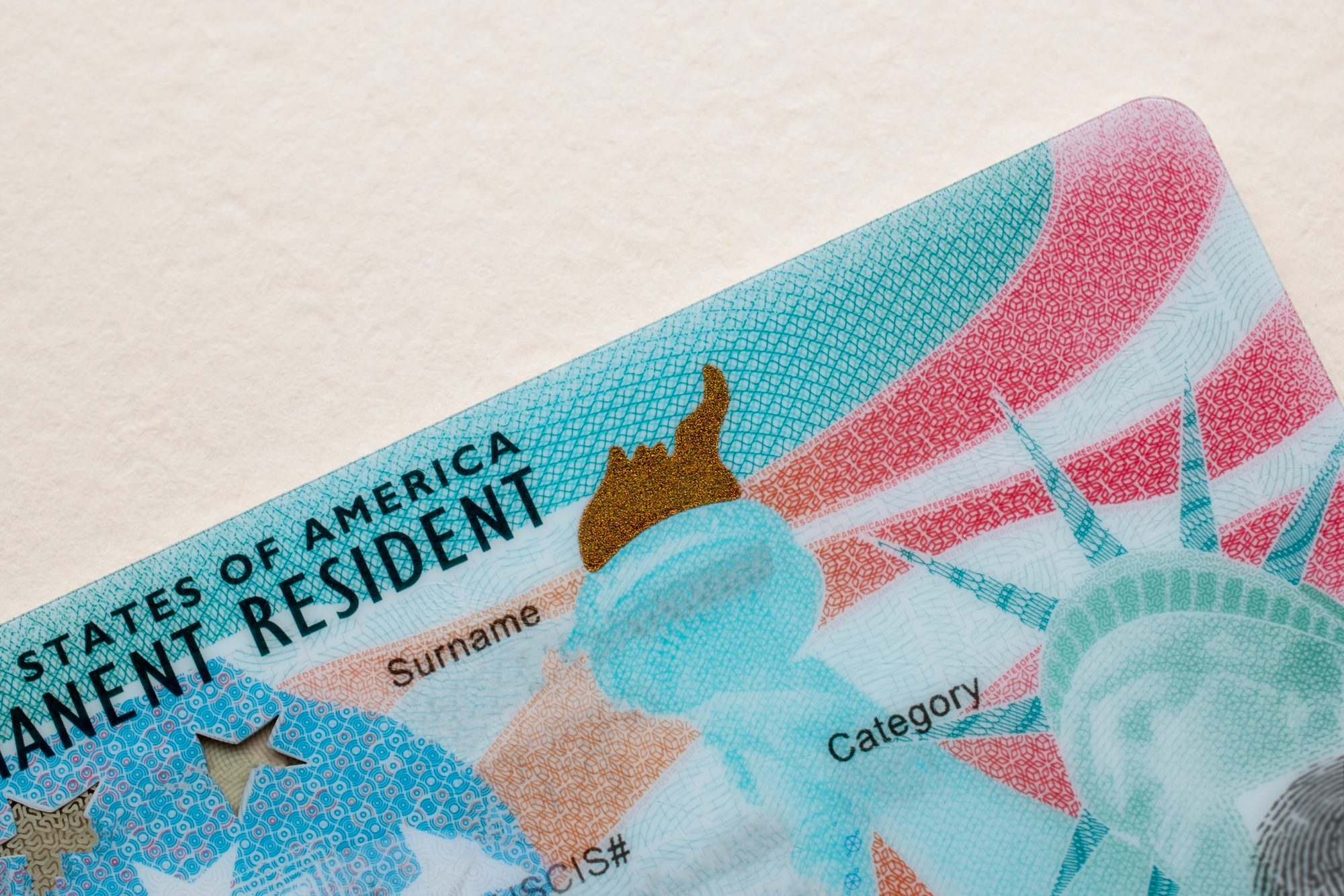 Close-up of a U.S. green card showing the "Permanent Resident" header, surname field and category field, with the Statue of Liberty graphic in the background.