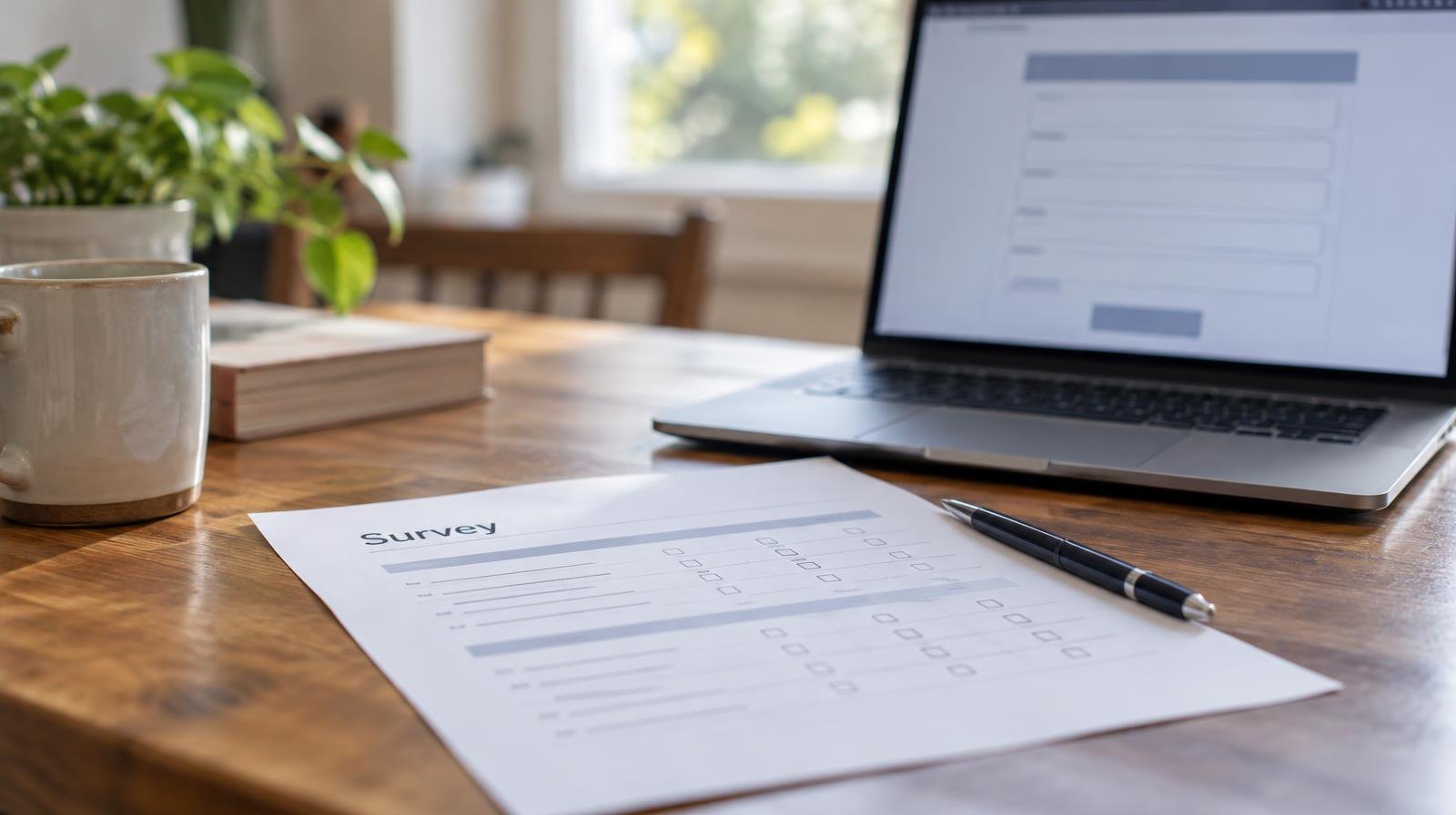 A printed survey form and pen on a table next to an open laptop.