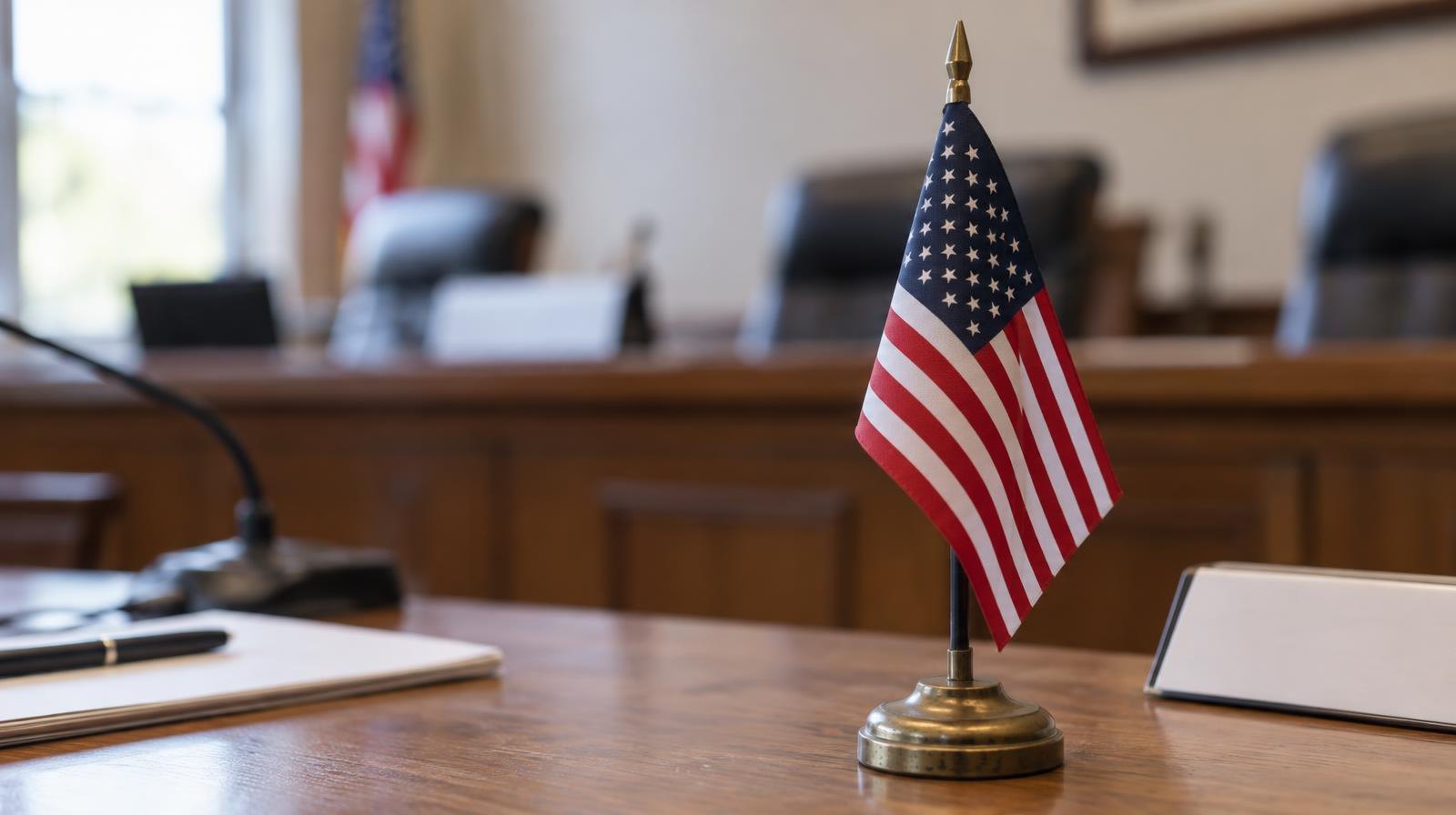 A small American flag standing upright in a holder on a wooden table.