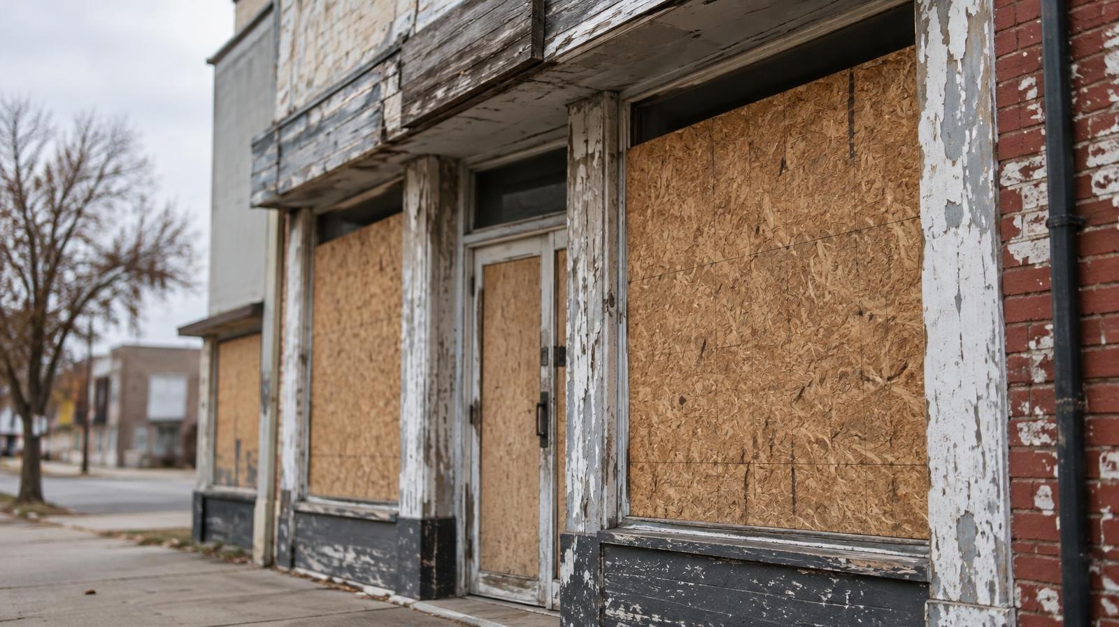 Weathered vacant building with boarded-up windows and peeling paint.