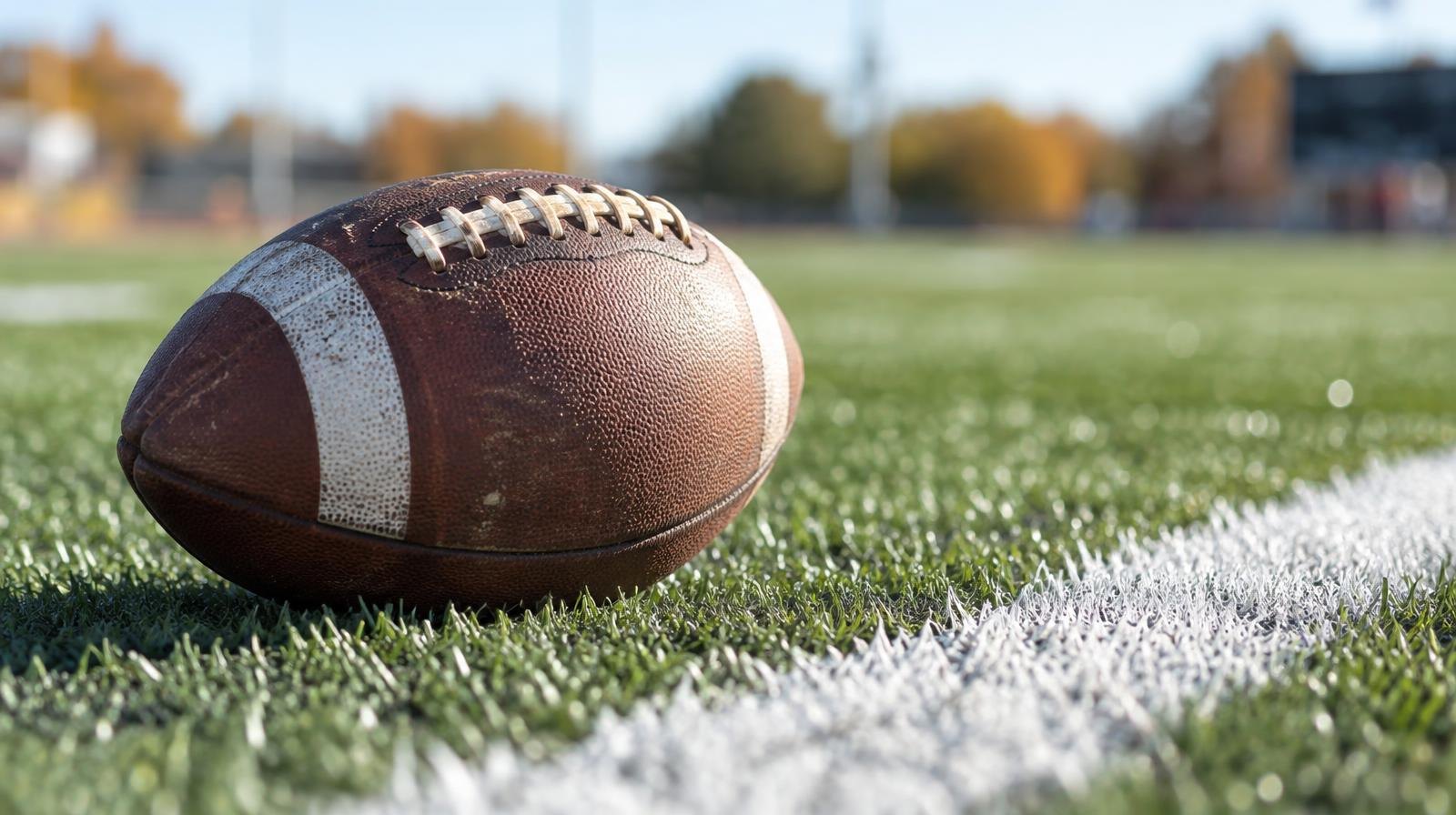 An American football resting on green artificial turf beside a white yard line.