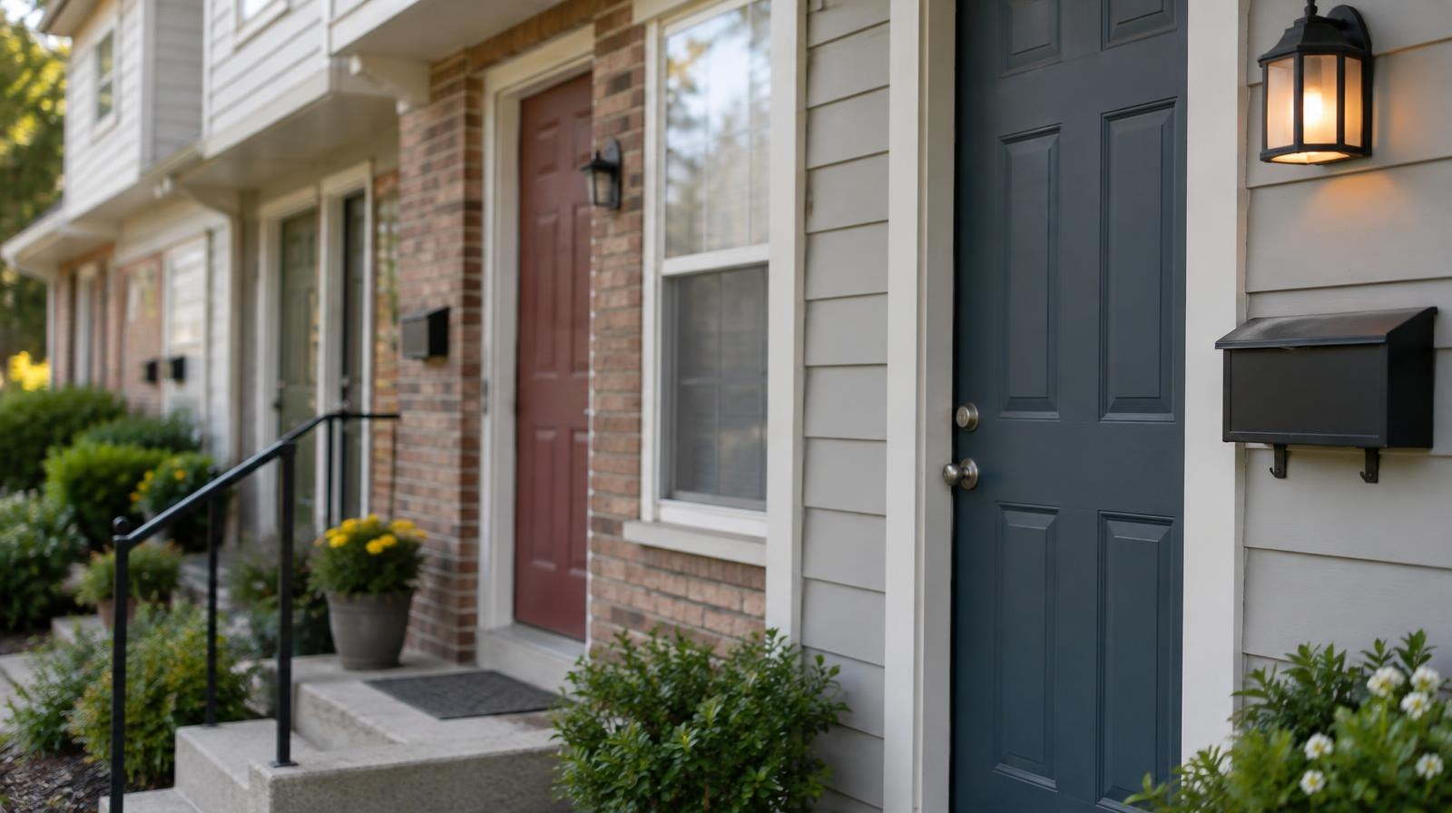 A row of plain residential doors on the exterior of a housing complex.