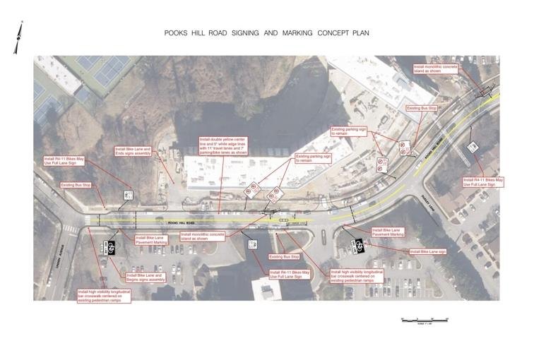 Aerial concept plan showing proposed bike lanes and median islands on a road corridor.