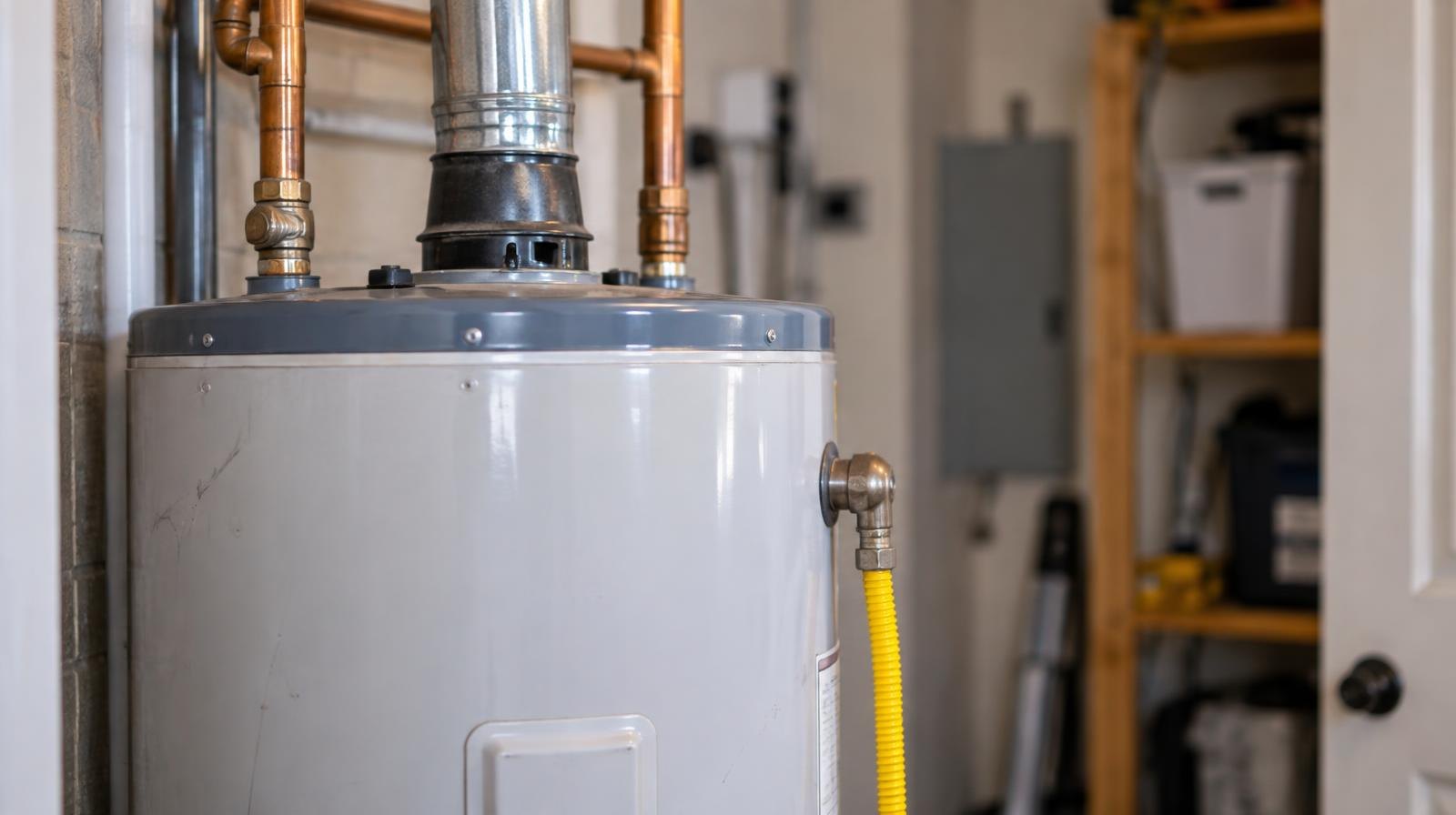A gas water heater tank with copper pipes in a utility room.