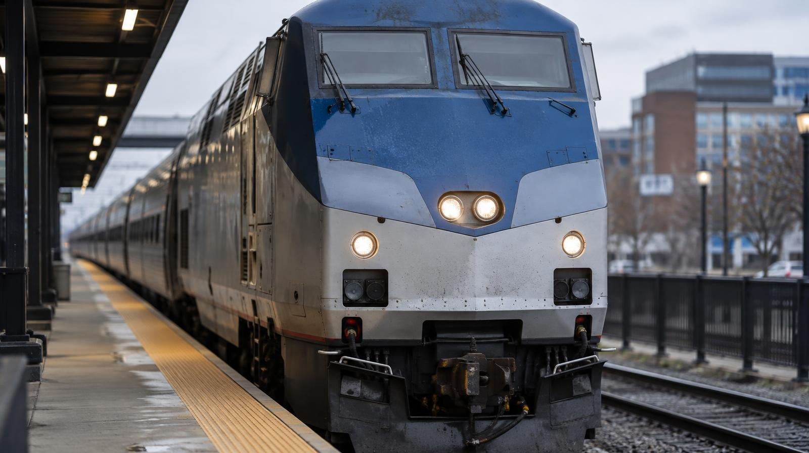 Silver and blue commuter train locomotive at a station platform on an overcast morning.