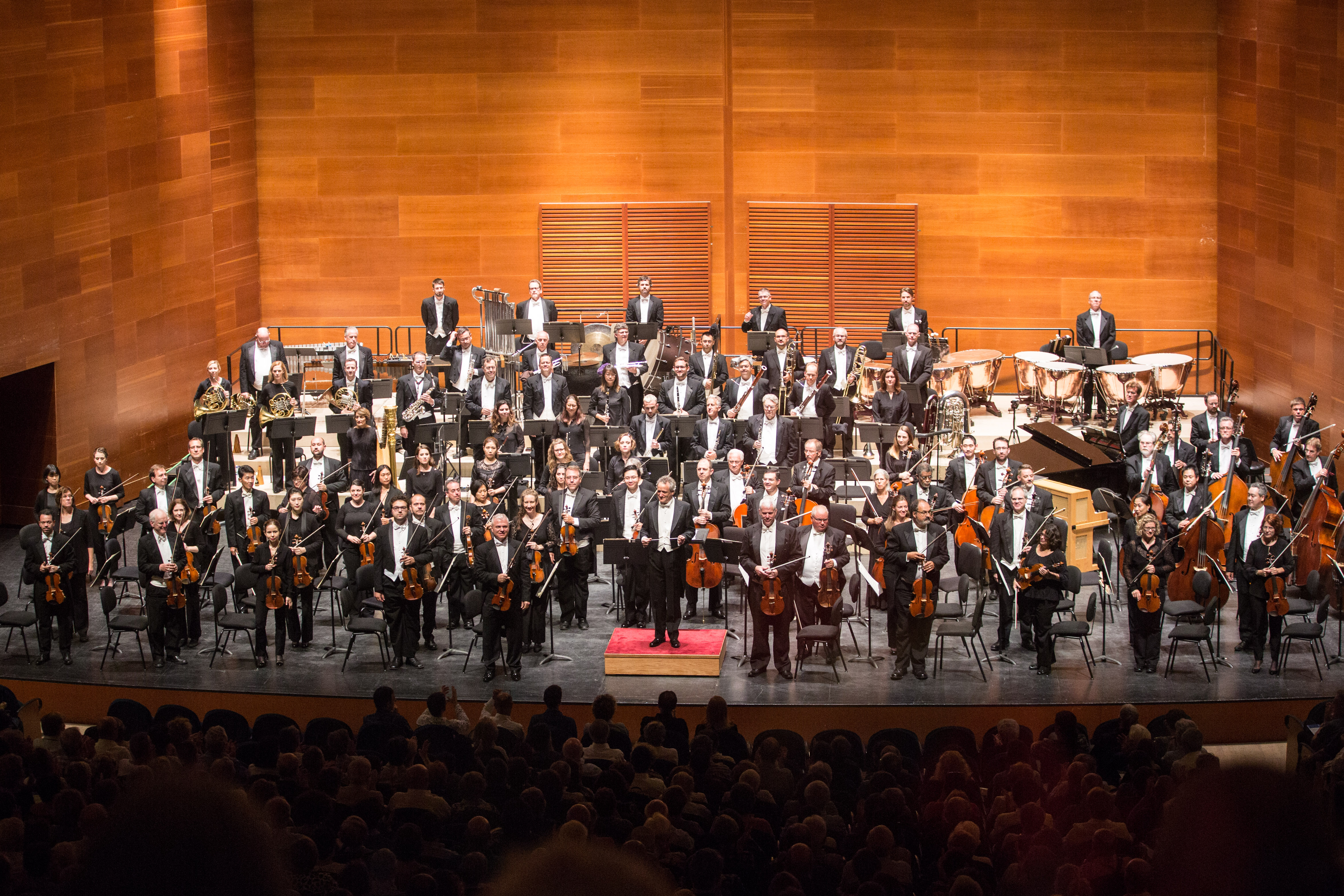 Dozens of musicians in formal black attire perform on a concert hall stage.
