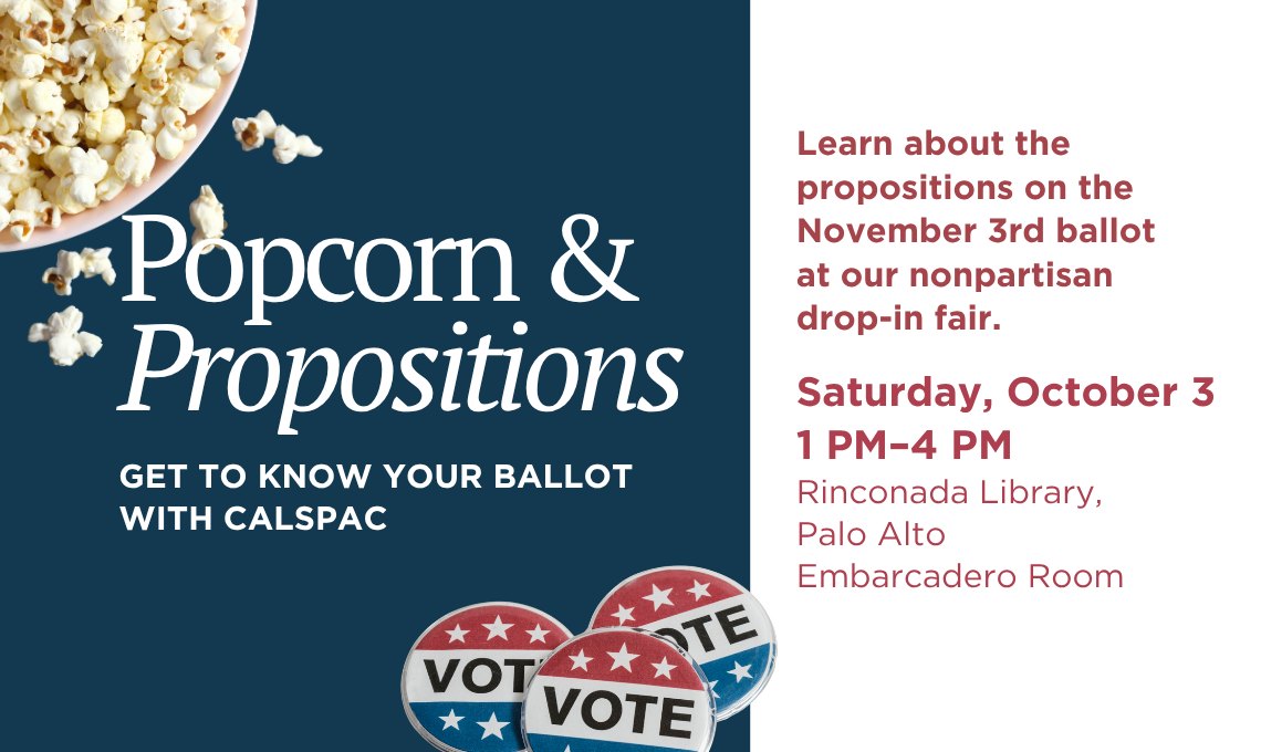 Event flyer for Popcorn and Propositions voter education fair with popcorn and vote buttons.