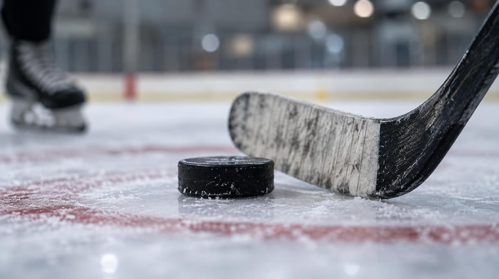 An ice hockey puck and stick blade resting on ice at a face-off circle.