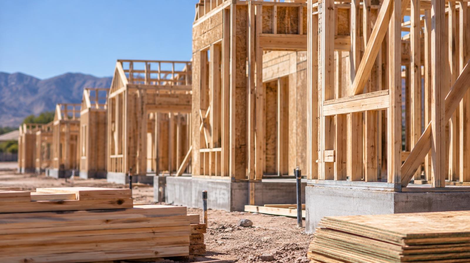 Wood-framed house structures under construction on a dry desert lot.