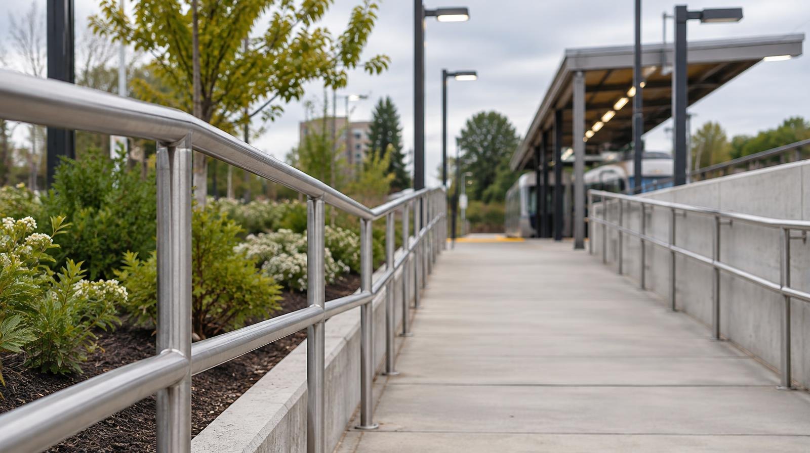 A wide sloped walkway with metal handrails leads toward a transit platform.