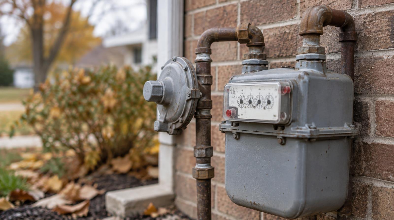 A gas meter with copper pipes and a dial gauge mounted on a brick wall.