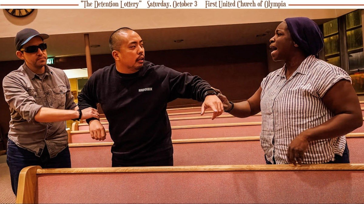 Three people in a church with pews, one in a black sweatshirt extending arms toward two others in a confrontational pose.