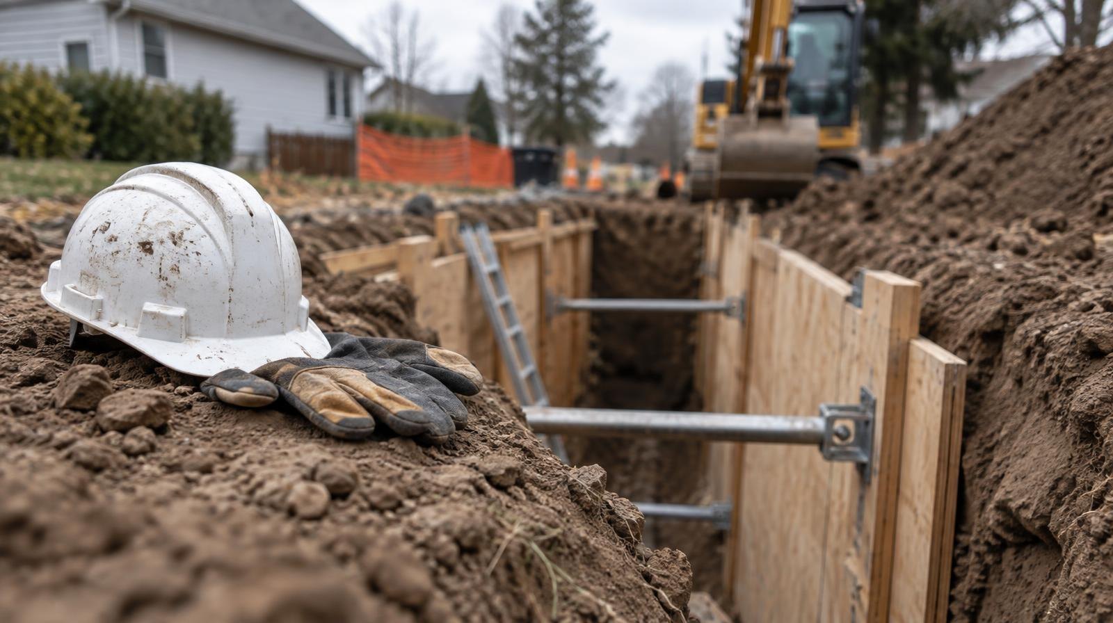 Deep open trench with wooden shoring panels and a hard hat resting on the edge.