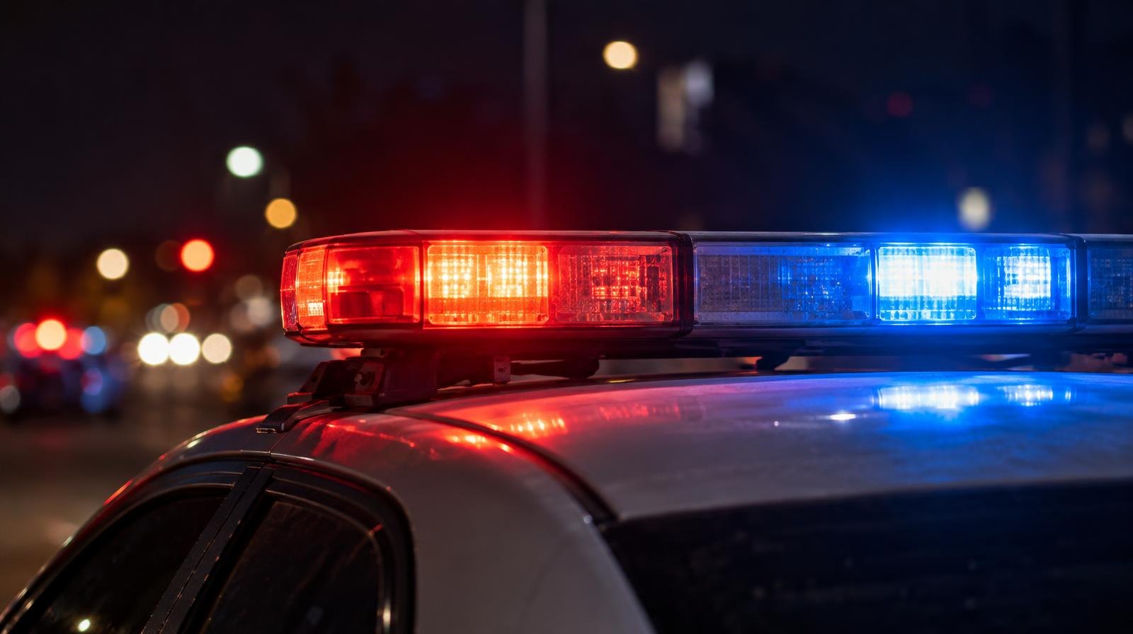 Red and blue police emergency lights glowing on top of a patrol vehicle at night.