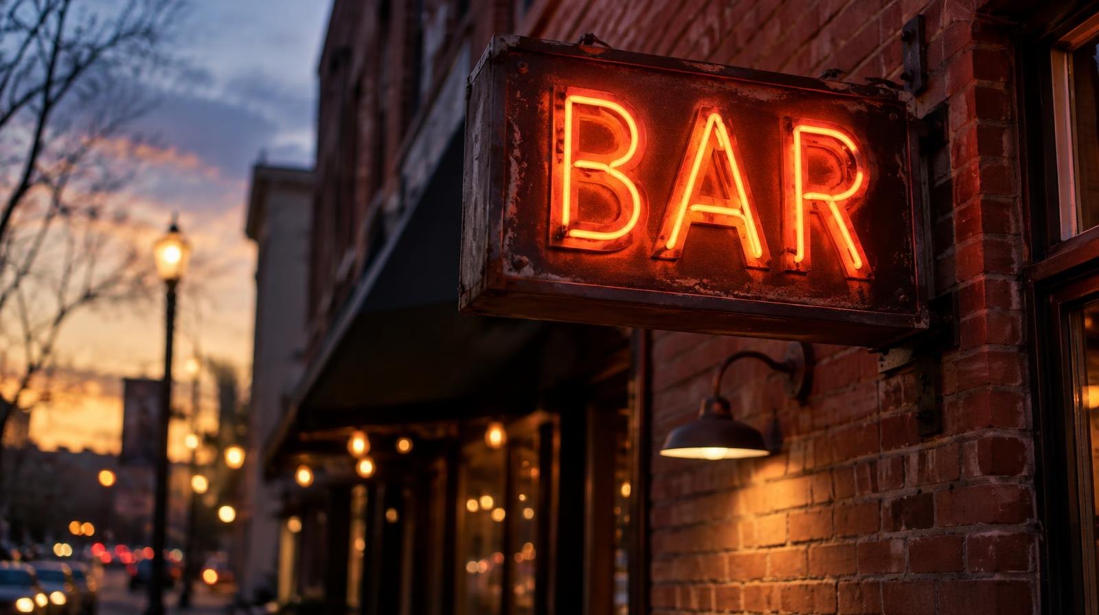 Glowing vintage neon bar sign mounted on a brick wall at dusk.