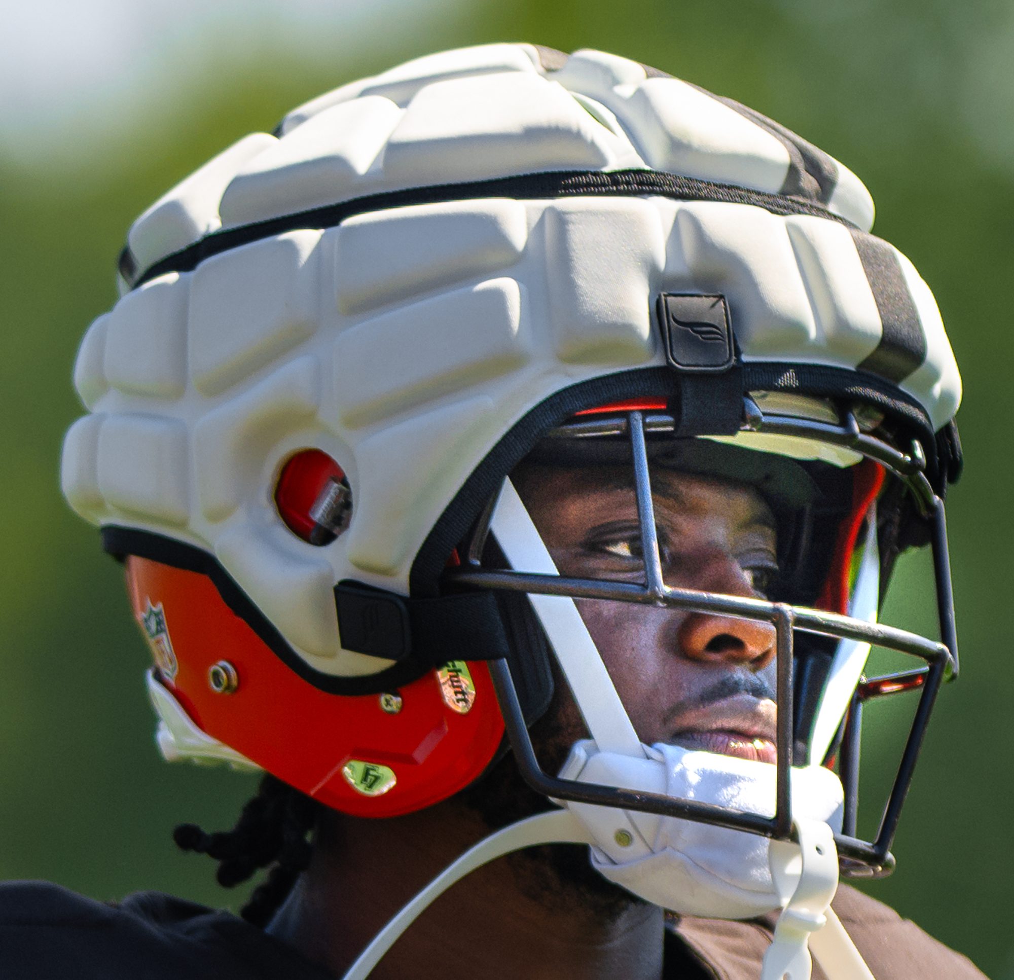 Hassan Hall wearing a Guardian Cap with the Cleveland Browns during training camp in 2023