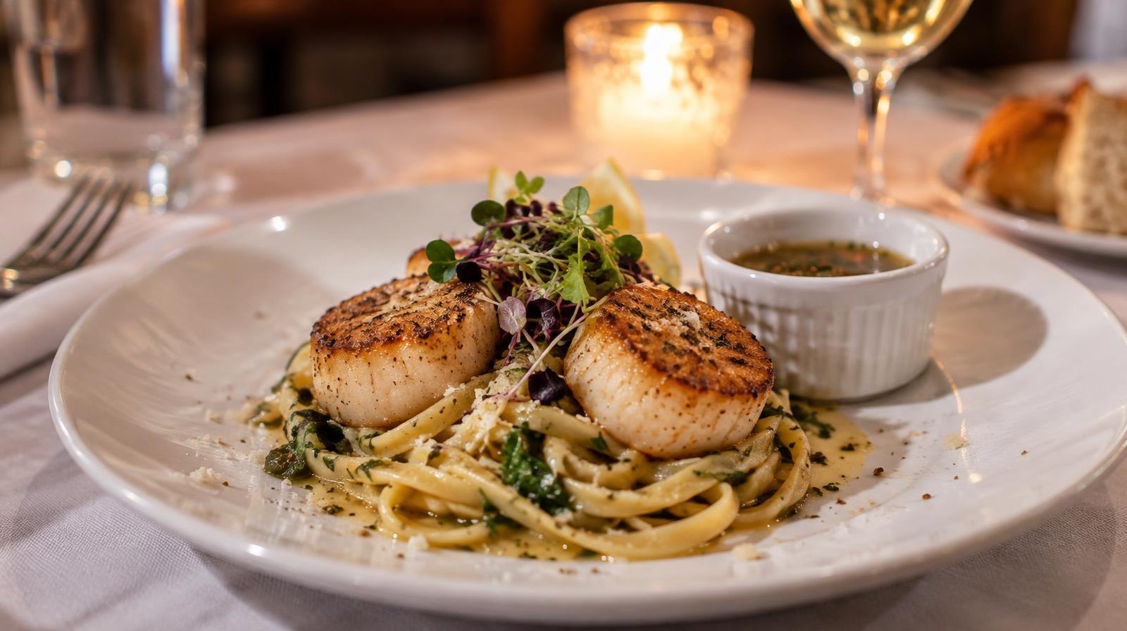 Seared scallops and pasta on a white plate at a restaurant table.