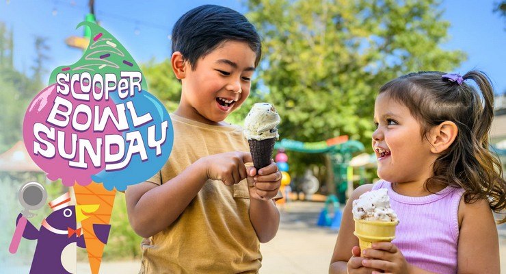 Two children eating ice cream cones outdoors with colorful event branding overlay.