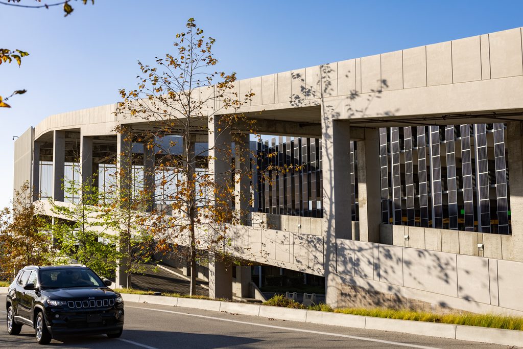 Bush, Car, Exterior, Landscaping, Los Angeles International Airport (LAX), Los Angeles World Airports (LAWA), Plant, Rental Car Center, Road, Solar Panels, Tree