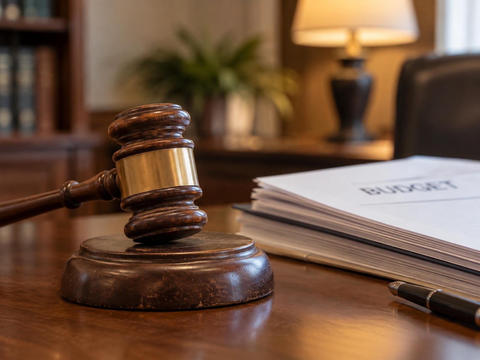 Wooden gavel on its sound block next to stacked papers on a wooden table.