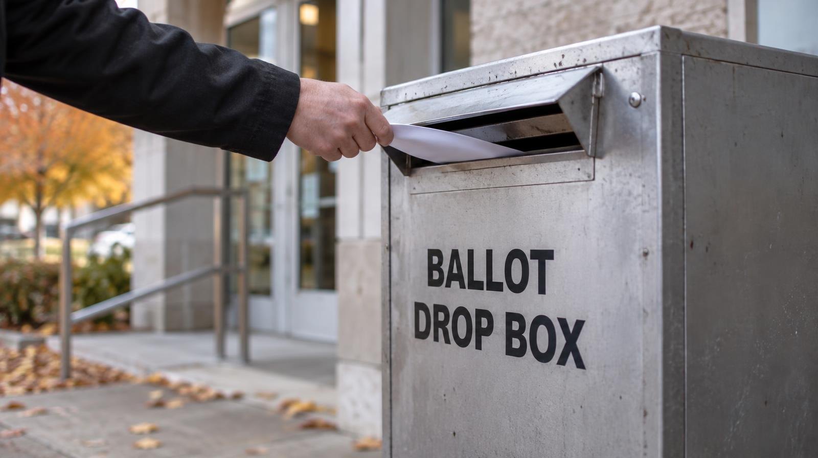 A metal ballot drop box mounted outdoors near a building entrance.