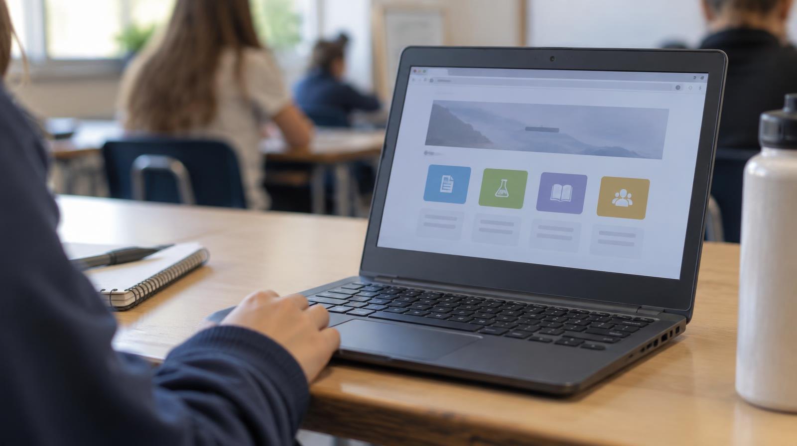 An open Chromebook laptop sitting on a wooden student desk in a classroom.