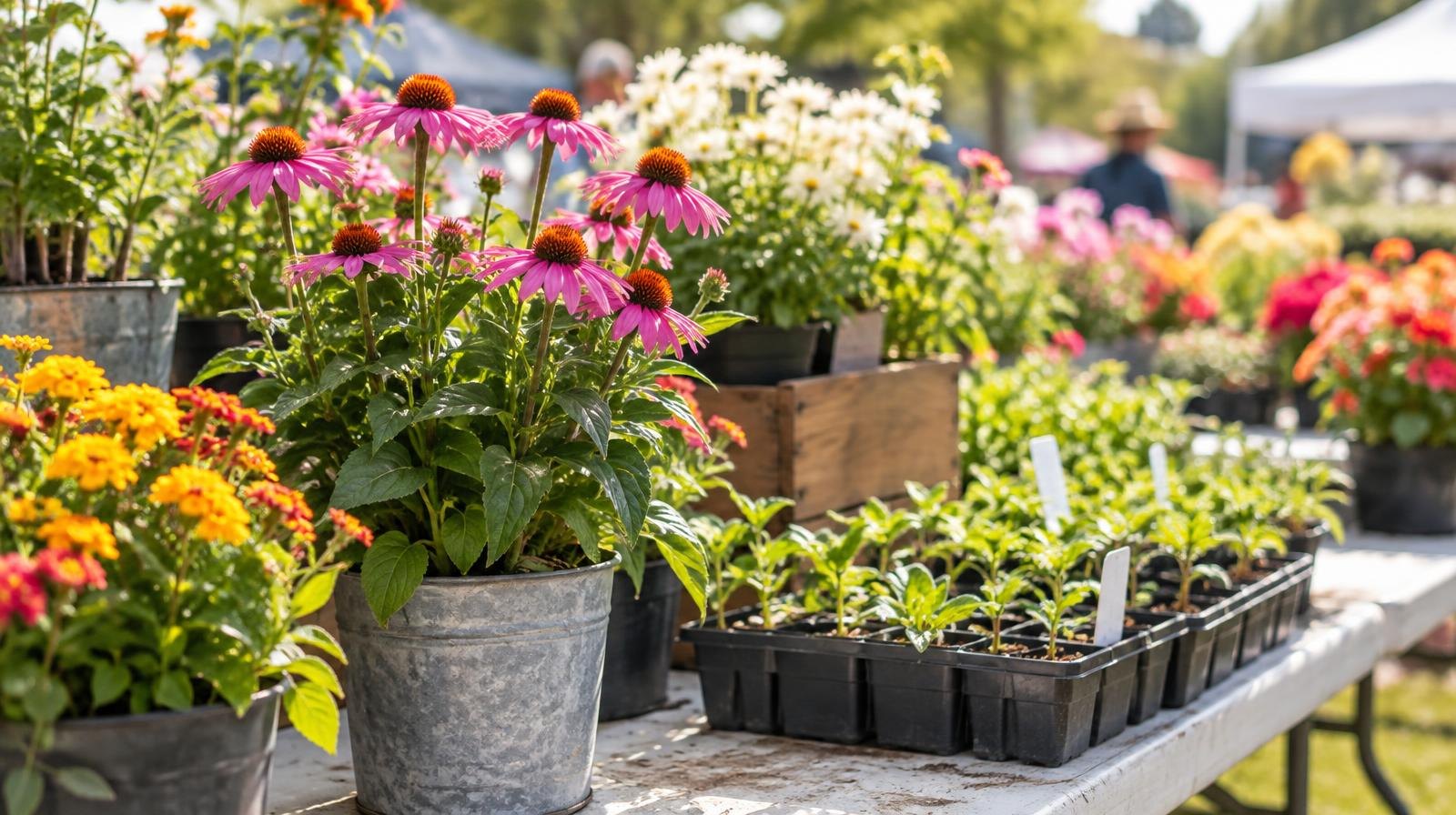 Colorful potted flowers and seedling trays arranged on a table outdoors in bright sunlight.