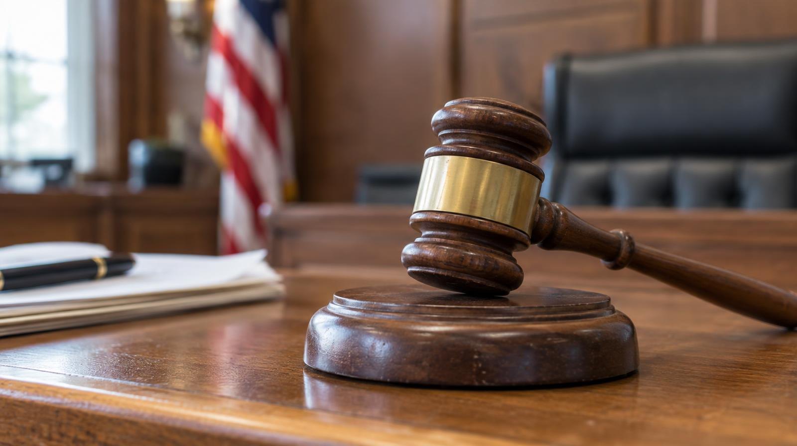 A wooden judge's gavel resting on its sound block.