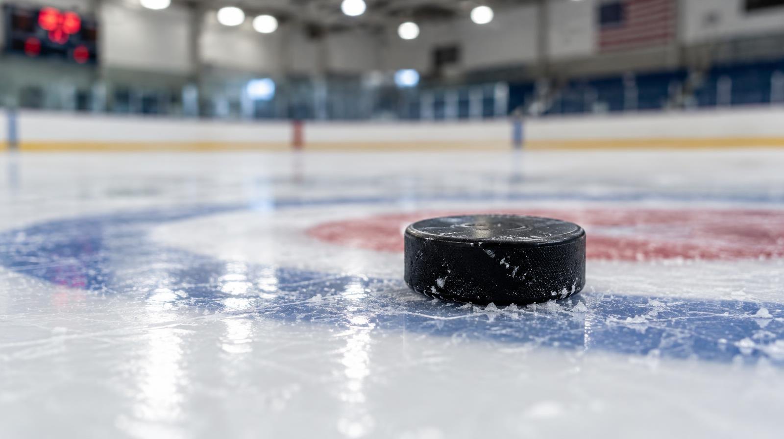 A black ice hockey puck resting on a painted center-ice circle.