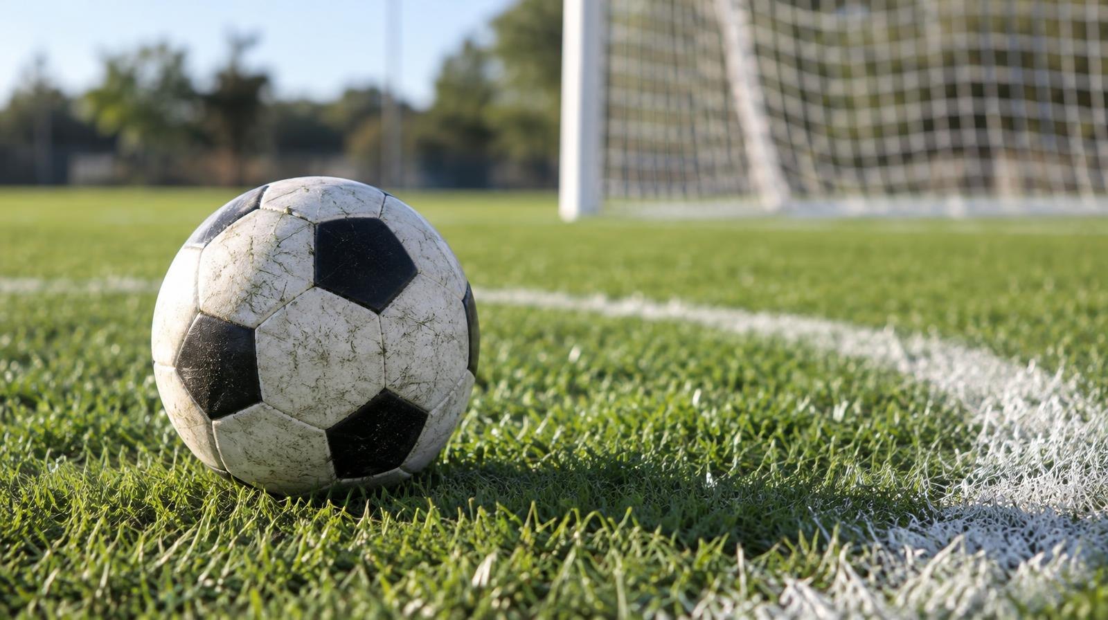 A soccer ball on a grass field near a painted white arc, with a goal net in the background.