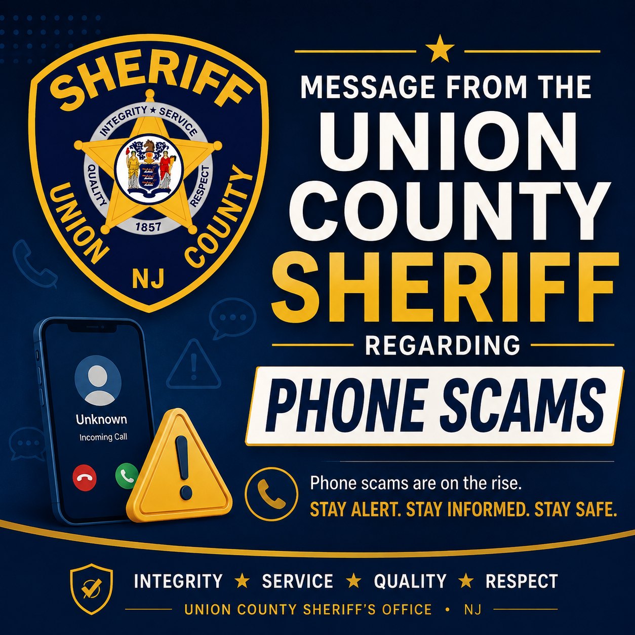 Official warning graphic showing a smartphone with an unknown incoming call and a caution triangle icon.