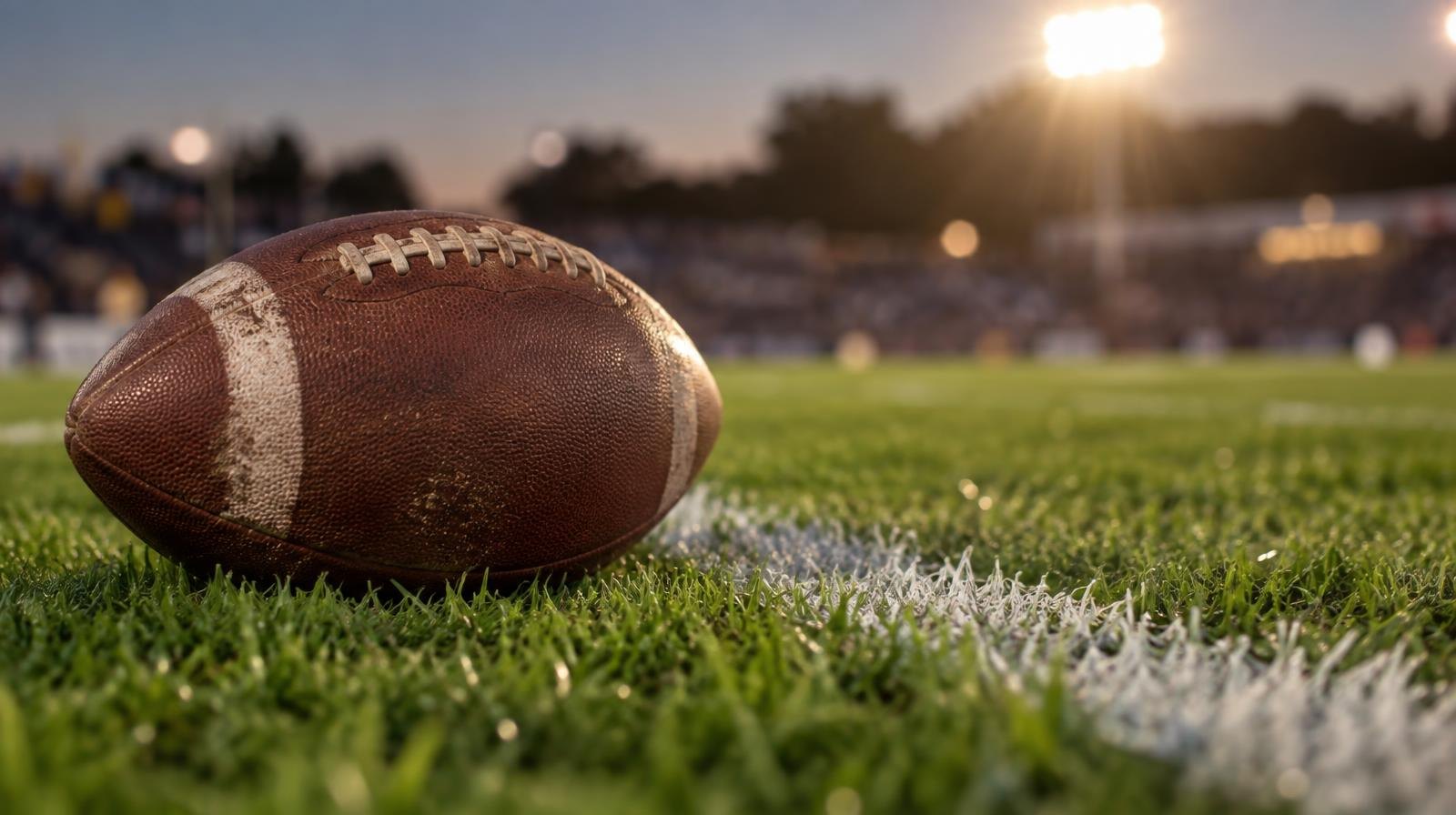An American football resting on green grass beside a white yard line under stadium lights.