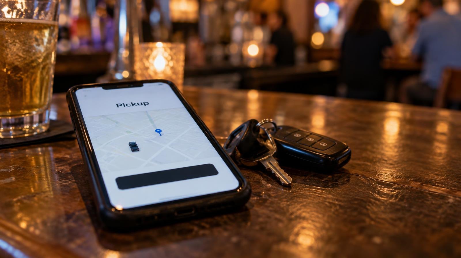Smartphone with rideshare app open resting next to car keys on a bar counter.