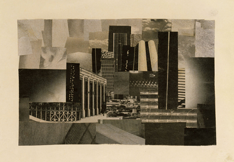 Black-and-white paper collage assembled from layered fragments of architectural and urban imagery.