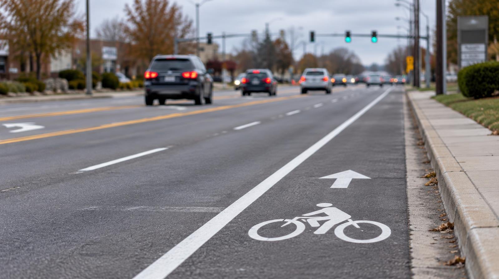 Suburban road with painted lane markings, a center turn lane, and a bike lane at the curb.
