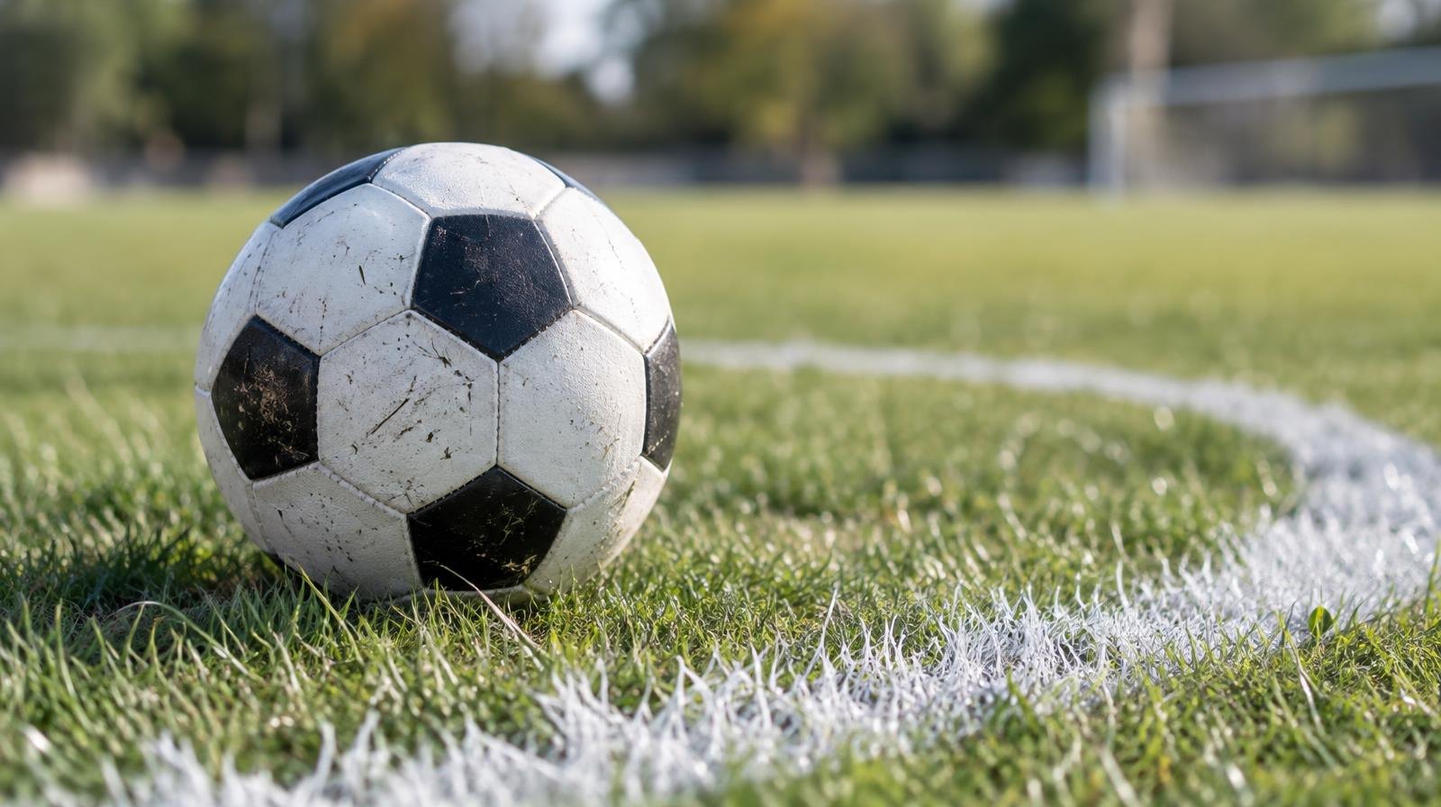 A black-and-white soccer ball resting on green grass near a white painted penalty arc.