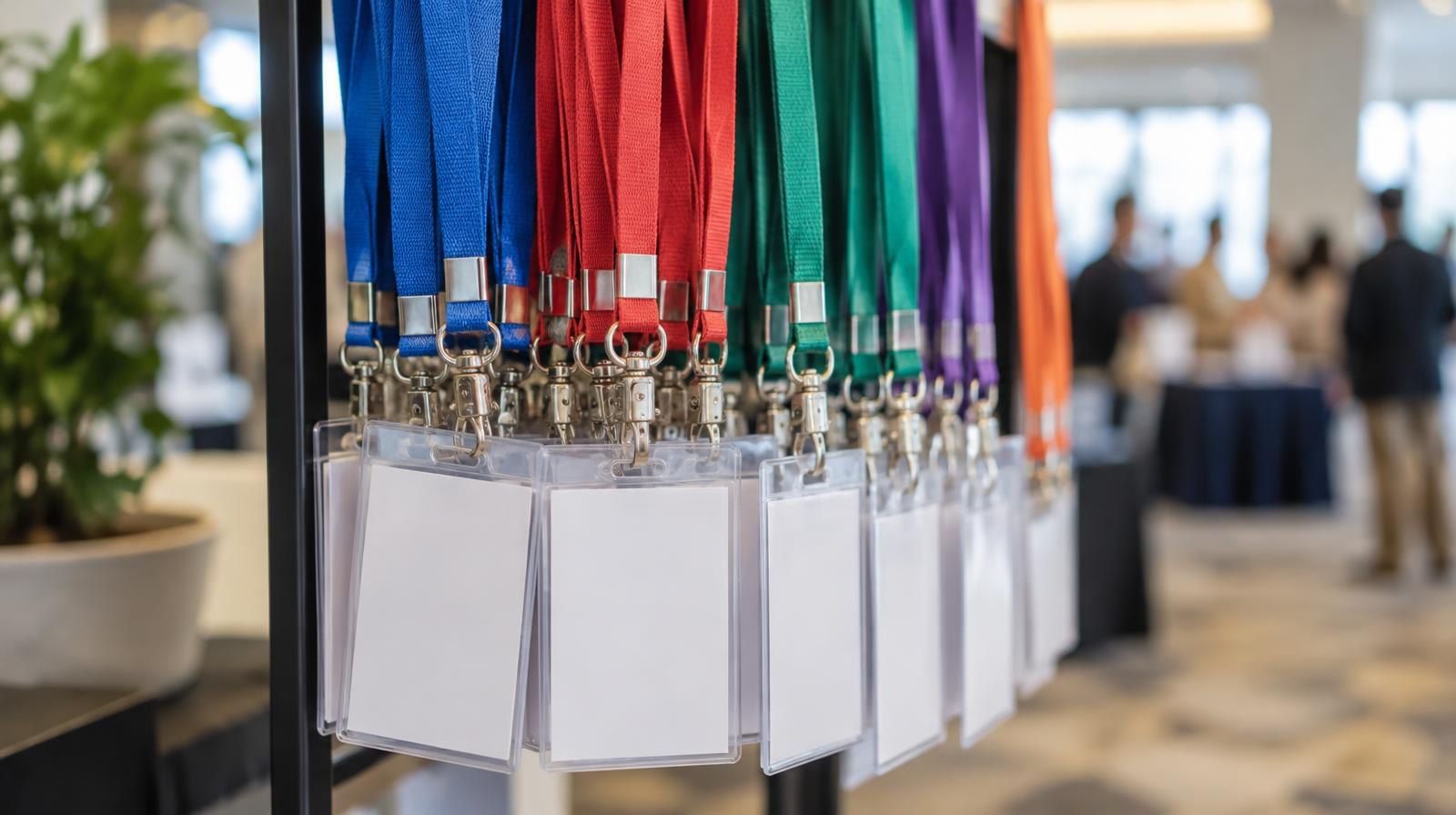 Colorful lanyards with blank badge holders hanging on a display rack.