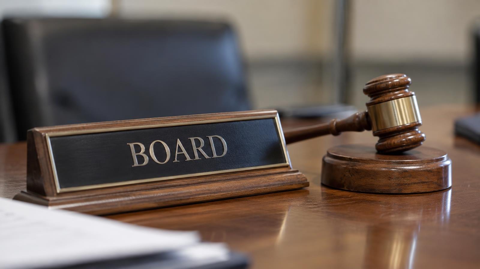A wooden gavel and nameplate resting on a polished conference table.