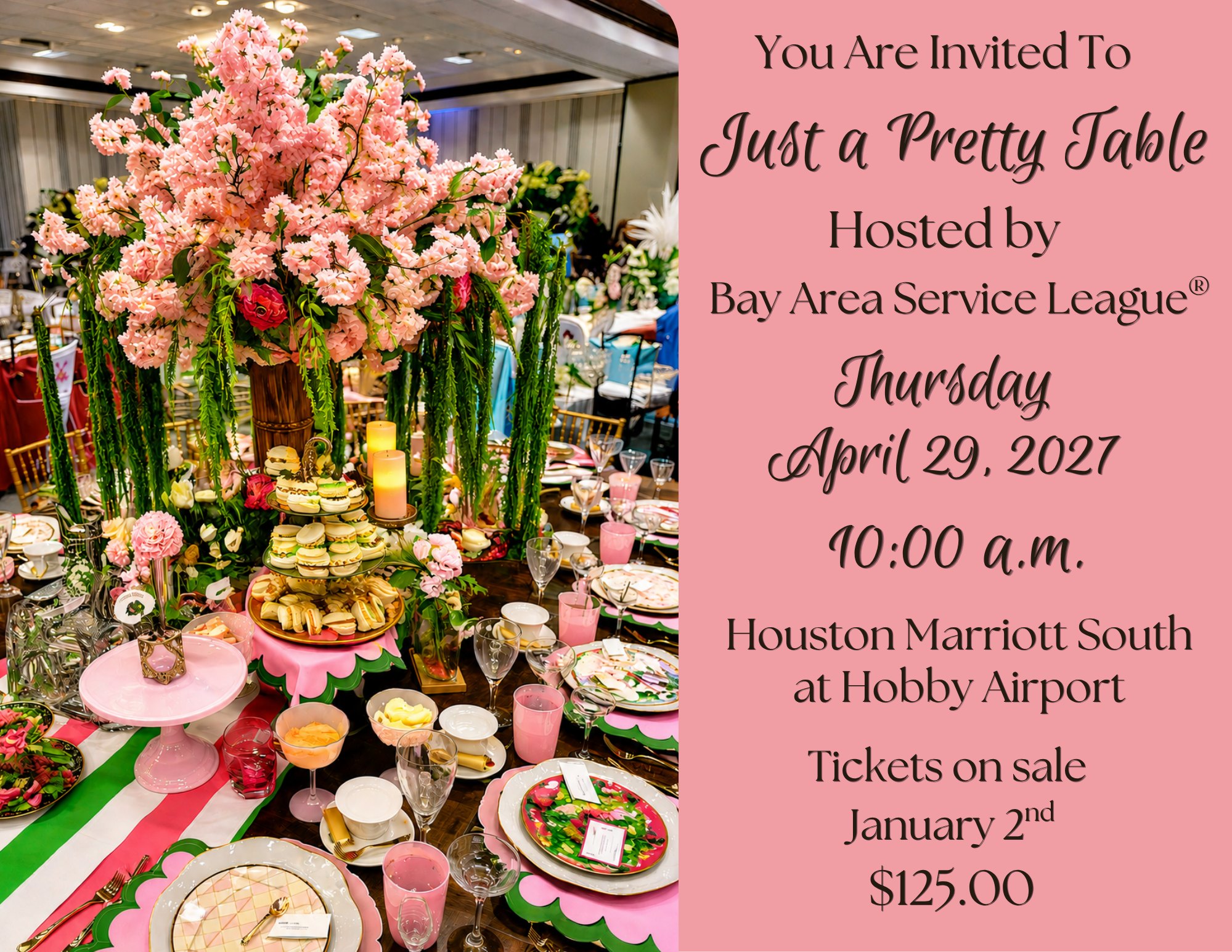 Event flyer featuring an elaborately decorated tablescape with tall pink floral centerpieces.