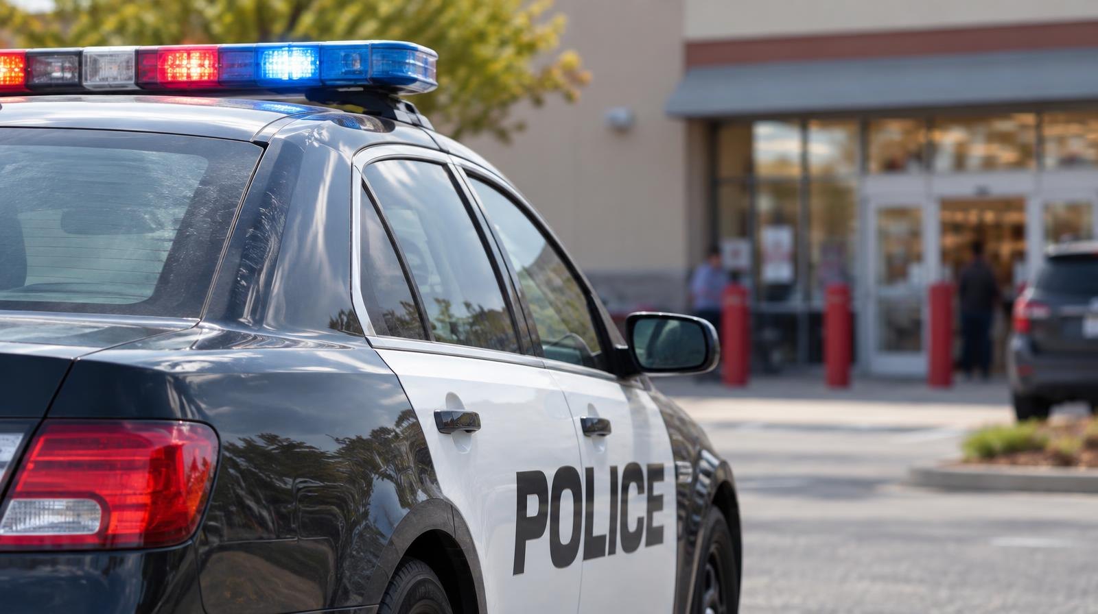 A police patrol car with an emergency light bar parked near a retail shopping center entrance.