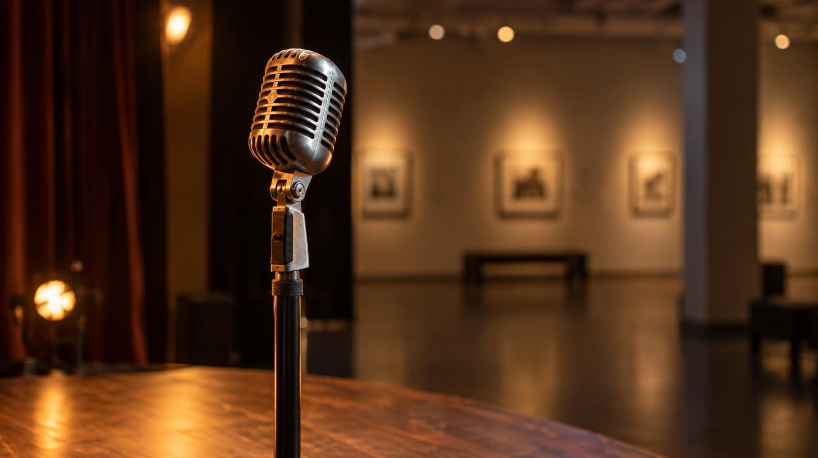 A vintage microphone on a stand under warm amber stage lighting in an empty gallery space.