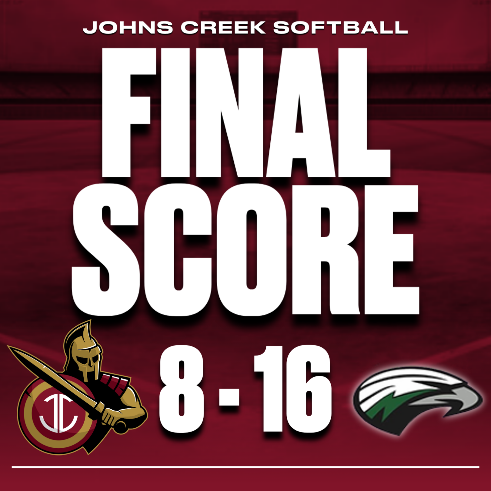 Final score graphic showing Johns Creek 8, Collins Hill 16 with team logos.
